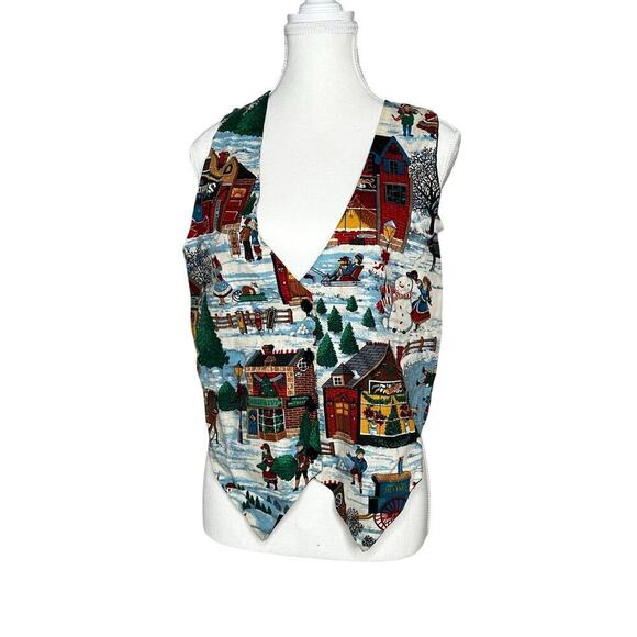 90s winter scene holiday Christmas Village Vest - Picture 1 of 4